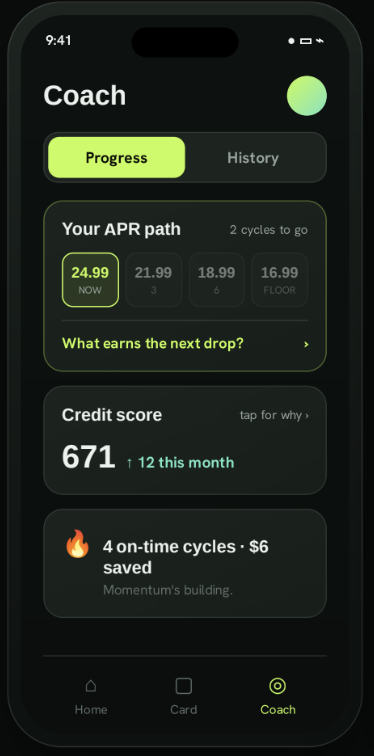 Coach app screen showing APR path at 24.99%, credit score 671, and streak tracking