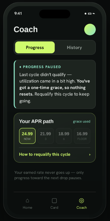 Coach app screen showing a progress-paused alert explaining what to fix this cycle