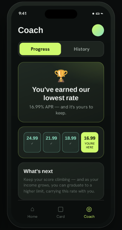 Coach app screen celebrating reaching the lowest 16.99% APR rate