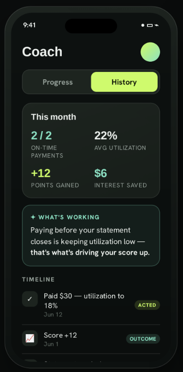 Coach app screen showing monthly history: on-time payments, utilization, and points gained
